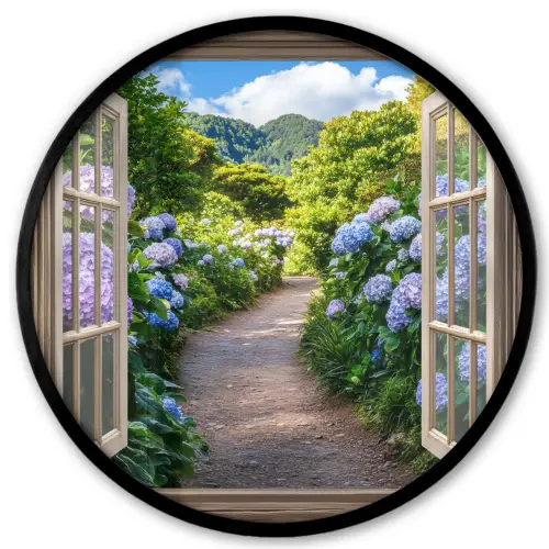 Doorkijk - Hortensia - Pad - Natuur Fotolijst rond zonder passe partout klein -3d
