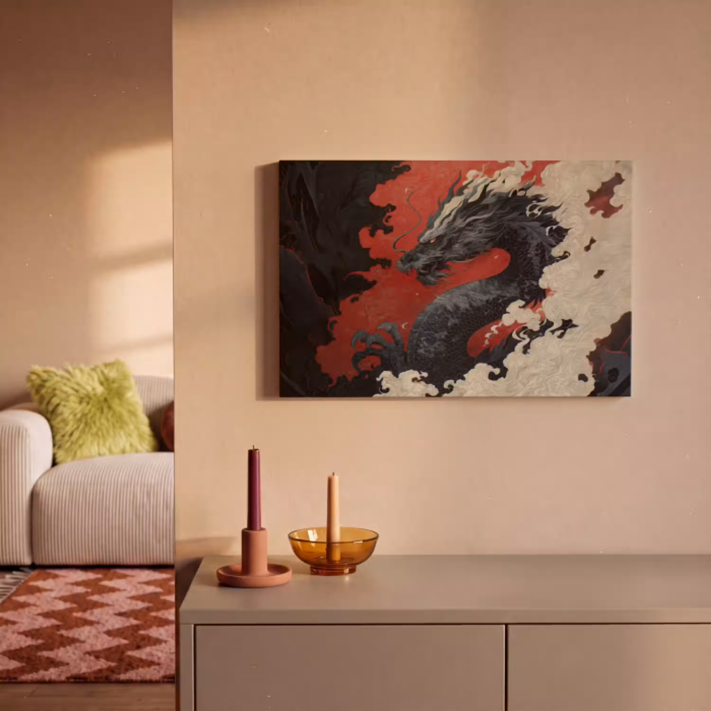 Zwarte draak - Rookwolken - Rood canvas 2cm klein -sfeer1