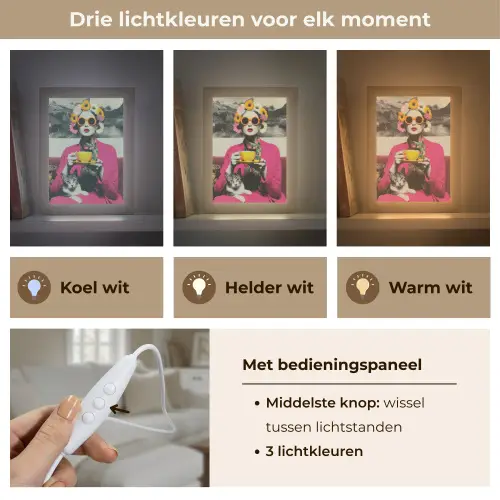 Vrouw - Kat - Bloemen - Kopje - Retro Light Box met kabel (Tafellamp) klein -USP_lichtkleurNL