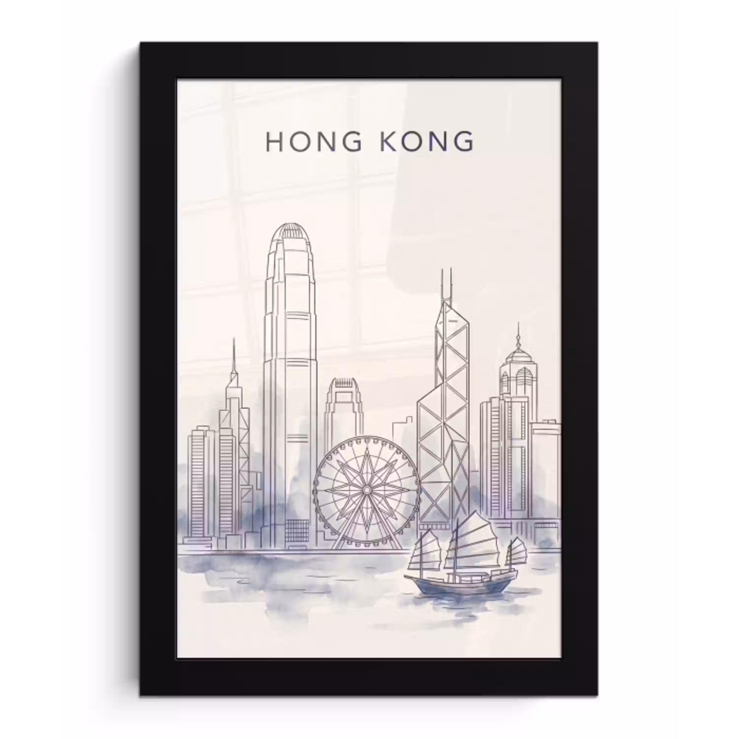 Stad - Skyline - Water - Lijntekening - Blauw fotolijst zwart zonder passe partout klein -3d