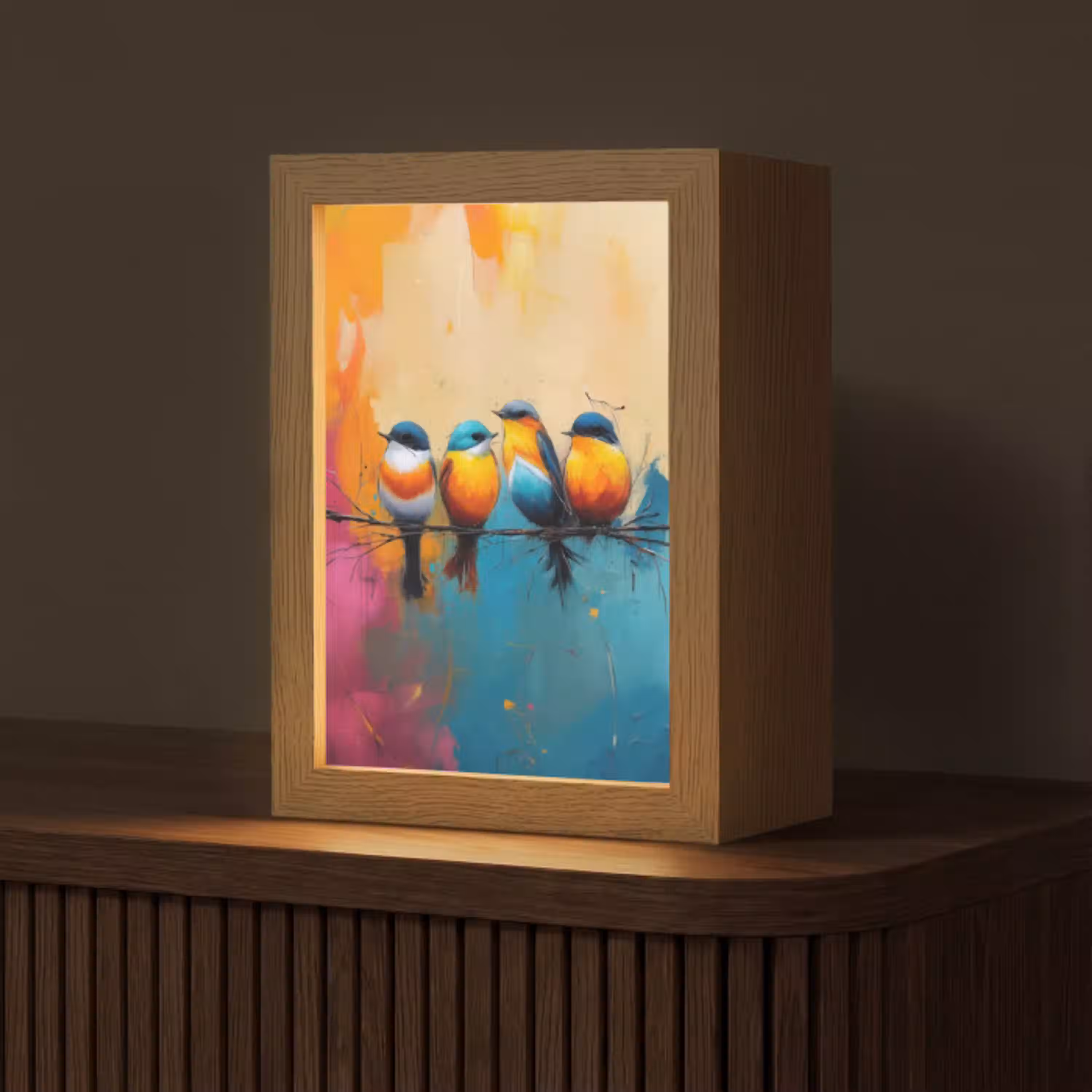 Vogels - Kleurrijk - Tak - Abstract Light Box met kabel (Tafellamp) klein -z3d_website