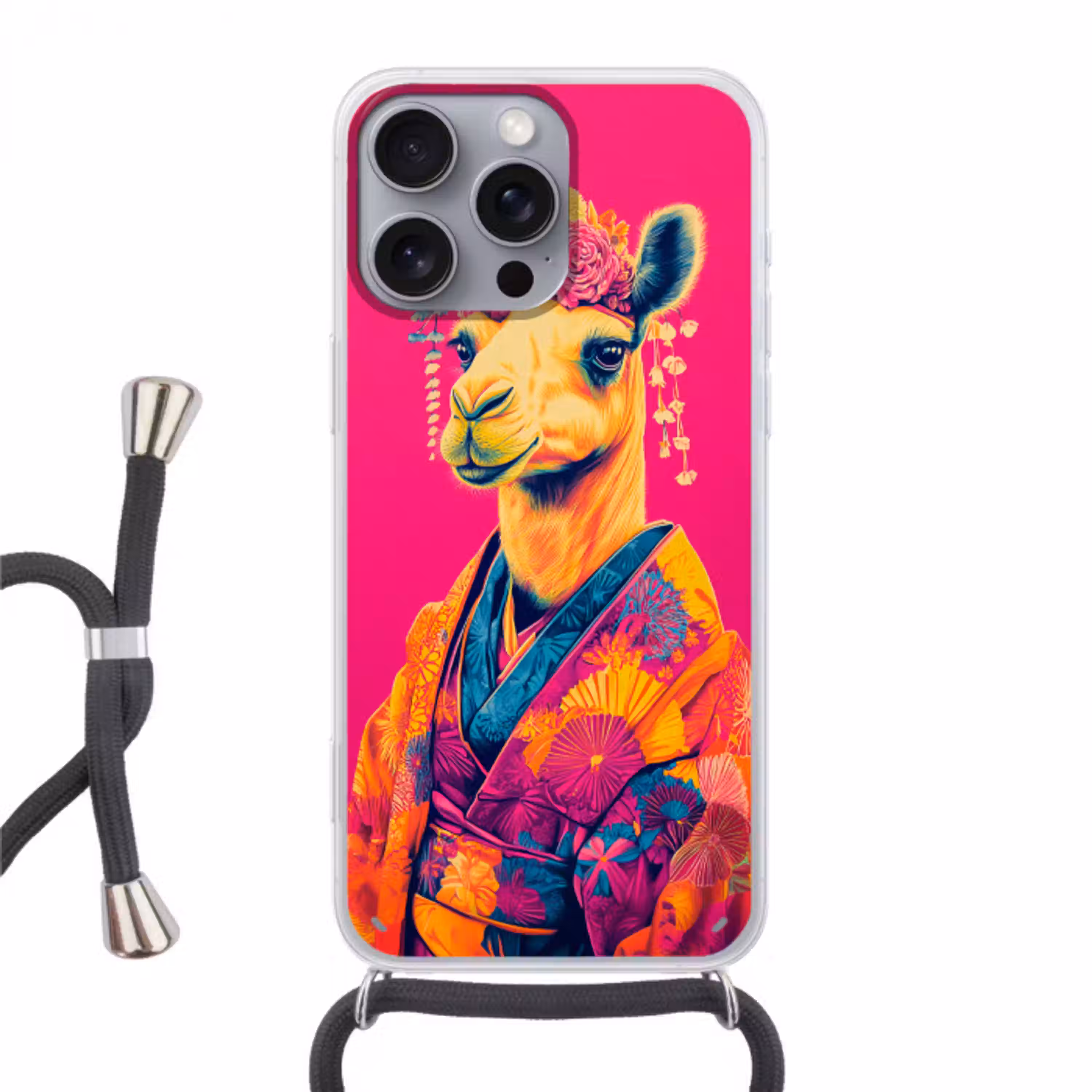 Kameel - Bloemen - Kimono - Waaiers Hoesje iPhone 16 Pro Max met koord klein -3d