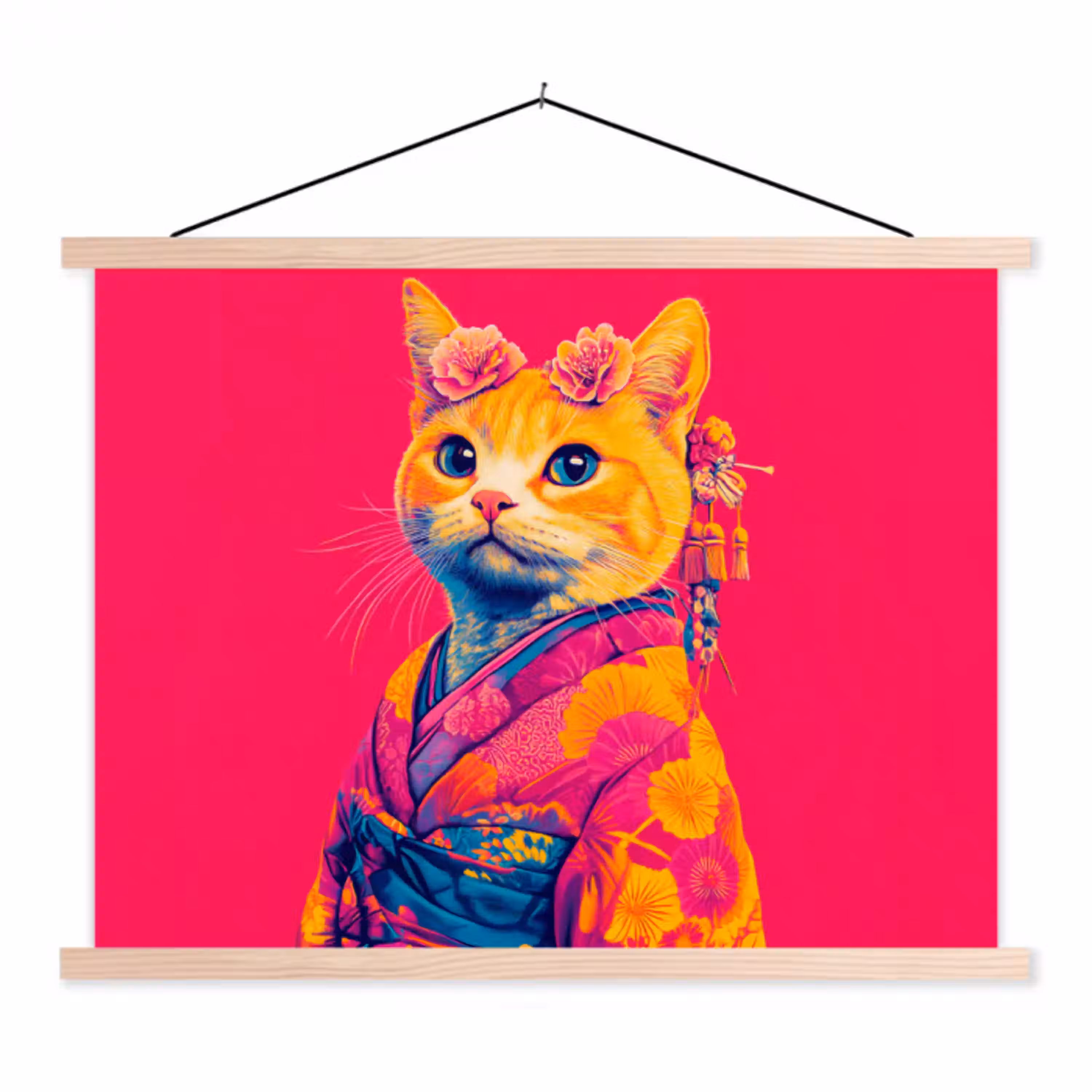 Kat - Kimono - Bloemen - Roze textielposter latten blank klein -3d