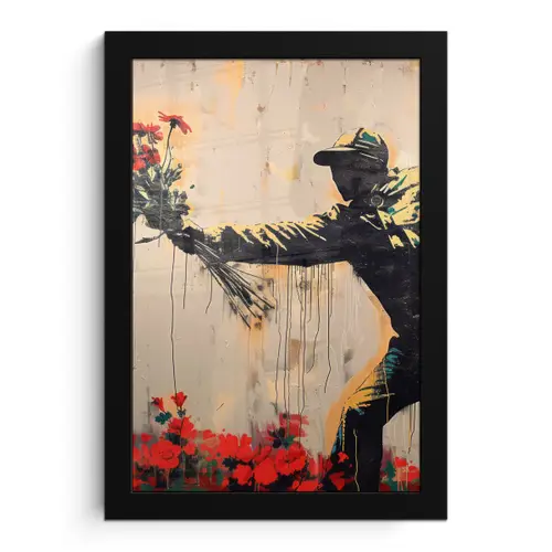 Street art - Man - Bloemen - Rood - Graffiti - Banksy fotolijst zwart zonder passe partout klein -3d