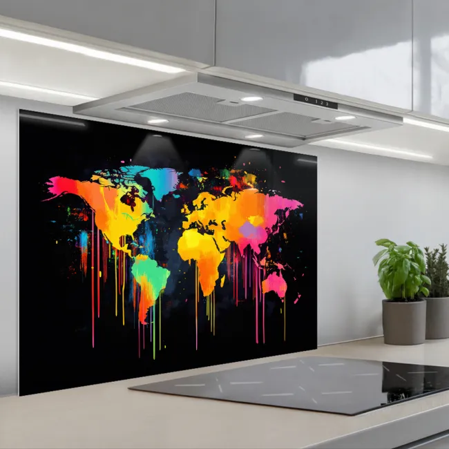 Spatscherm keuken - Wereldkaart - Verf - Kleurrijk - Graffiti - Wereld