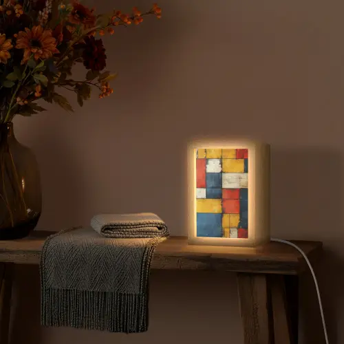 Mondriaan stijl - Kunst - Kleurrijk - Modern Light Box met kabel (Tafellamp) klein -sfeer4