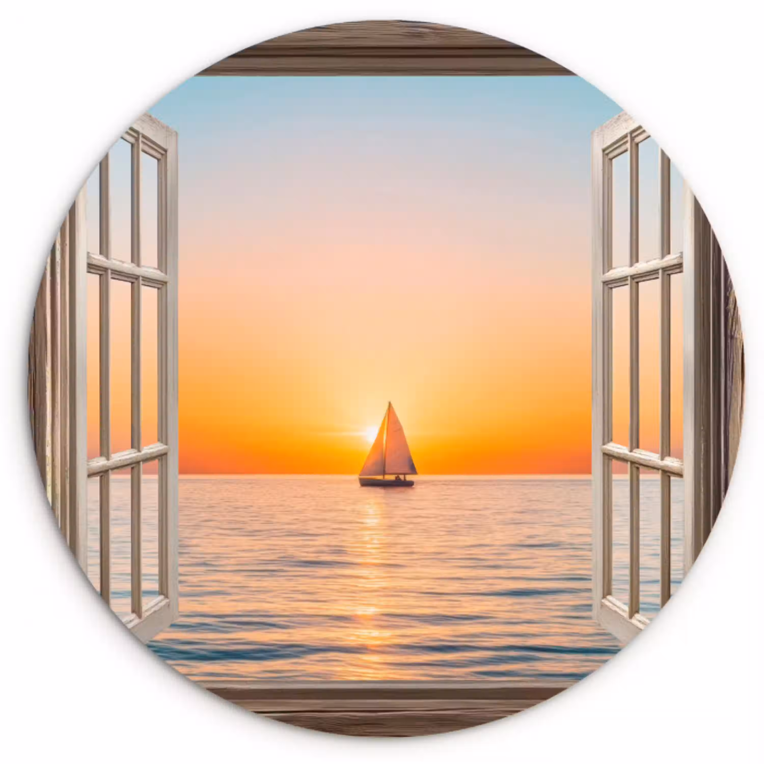 Doorkijk - Zee - Boot - Zonsondergang Wandcirkel kunststof plaat 5mm dik klein -3d