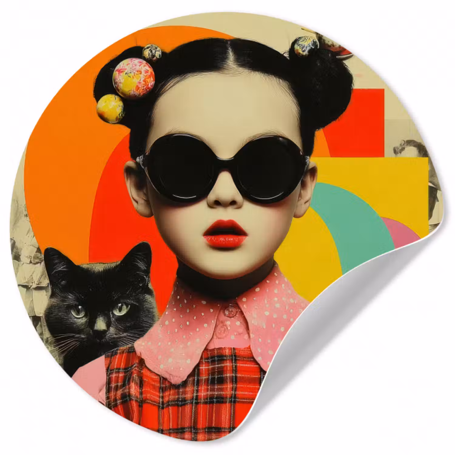 Runde Tapete - Mädchen - Sonnenbrille - Katze - Retro