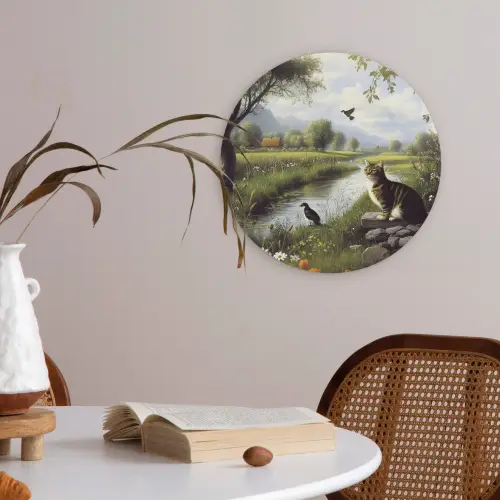 Kat - Beekje - Weide Akoestische PET Vilt - Rond klein -sfeer3
