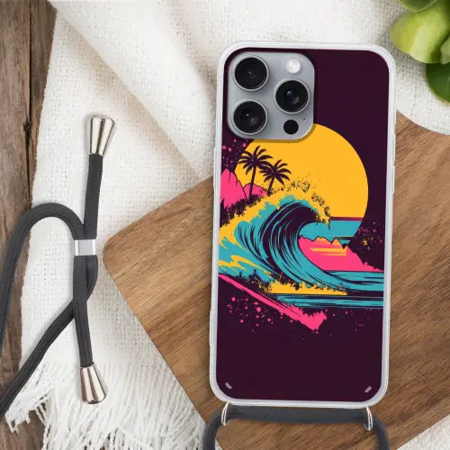 Golf - Kleurrijk - Zon - Palmbomen Hoesje iPhone 16 Pro Max met koord klein -sfeer4