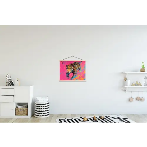 Luipaard - Roze - Oranje - Blauw - Verf textielposter latten blank klein -kinderkamer