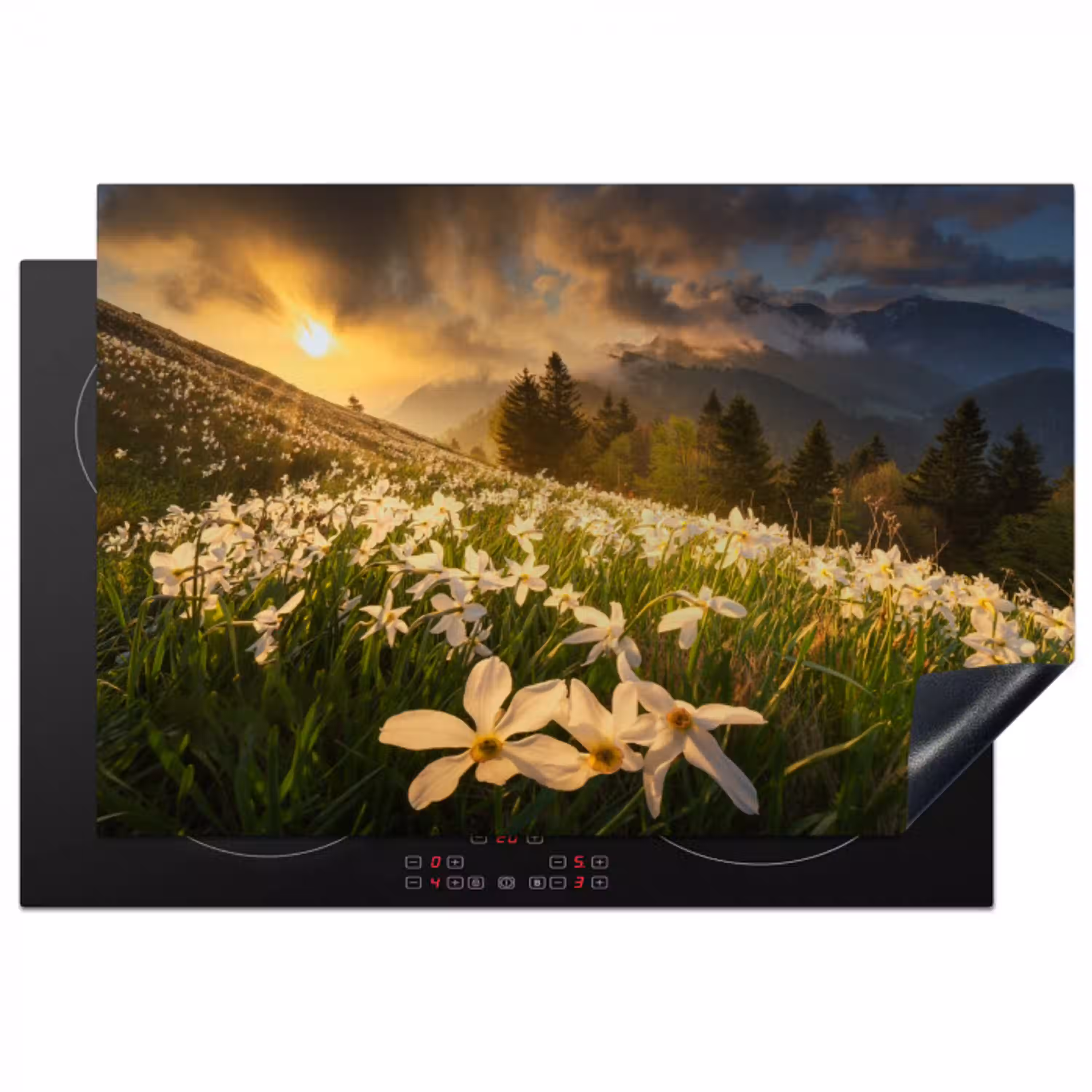 Bloemenveld - Heuvels - Zonsondergang - Berg - Natuur - Wit - Heuvels Inductie beschermer vinyl 3mm klein -3d