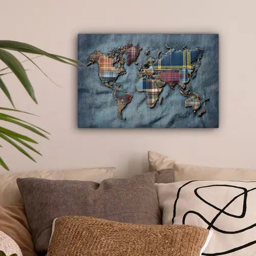 Wereldkaart - Denim - Textiel canvas 2cm klein -sfeer1