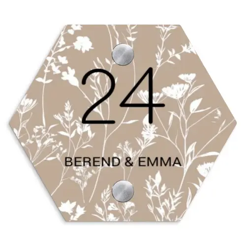Beiges Blumenmuster - Klassisch Naambord Hexagon klein -3d