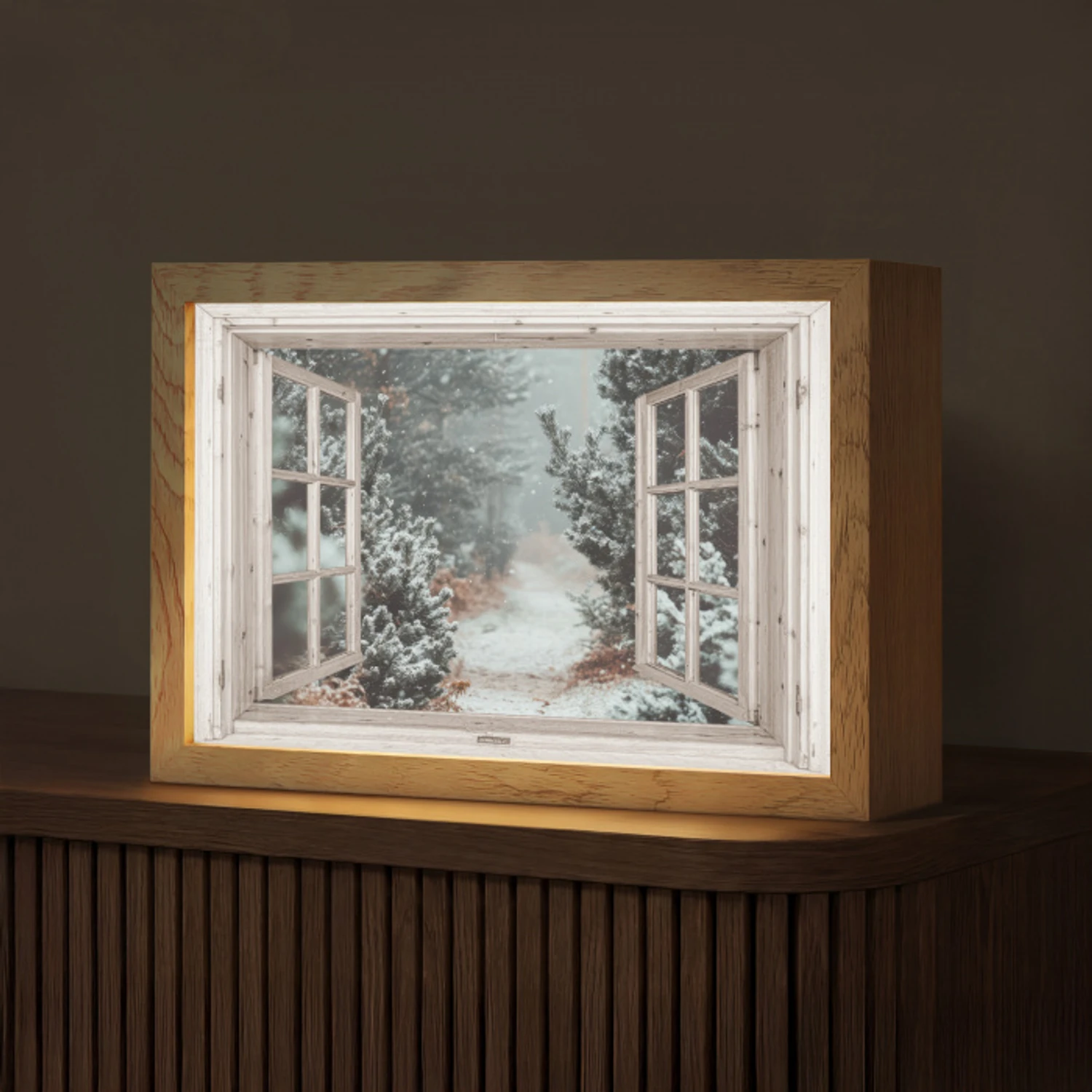 Bos - Winter - Bomen - Natuur - Pad - Doorkijk - Wit Light Box met kabel (Tafellamp) klein -z3d_website