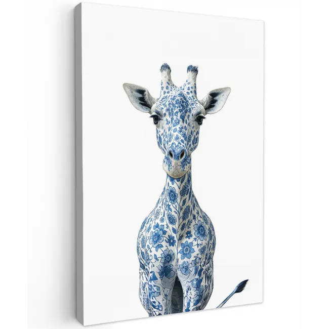 Giraffe - Delfts blauw - Dieren - Minimalistisch Tuinposter op houten frame 2 cm dik klein -3d
