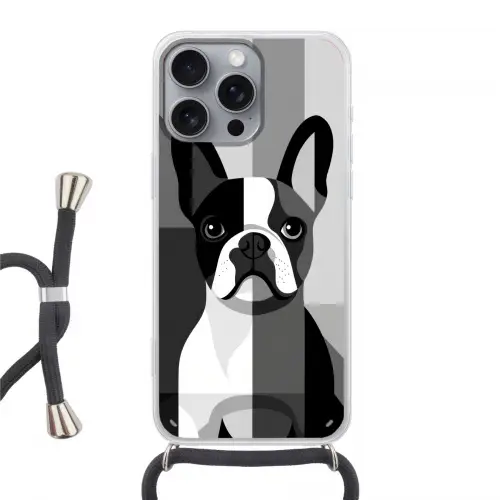 Buldog - Zwart - Abstract - Vlakken Hoesje iPhone 16 Pro Max met koord klein -3d