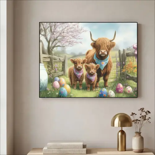 Schotsehooglanders - Paaseieren - Lente Textielframe zwart klein -sfeer2