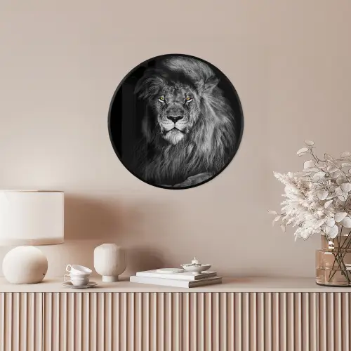 Leeuw - Ogen - Oranje - Zwart wit - Dieren - Portret Fotolijst rond zonder passe partout klein -sfeer3