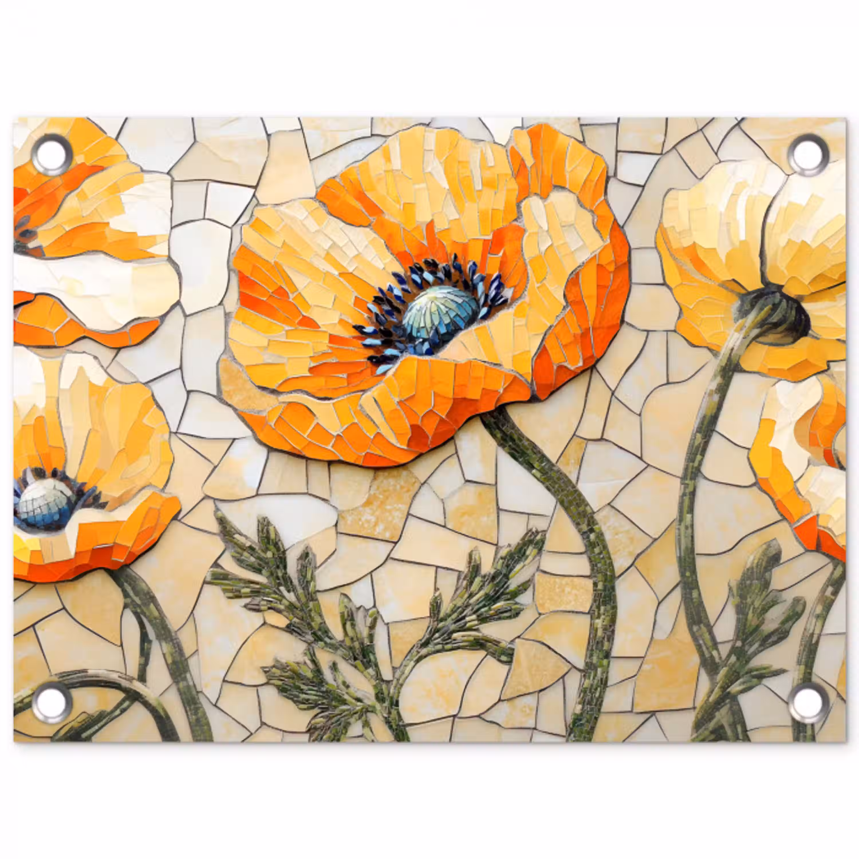 Klaprozen - Oranje - Mozaïek - Bladeren tuinposter los doek klein -3d