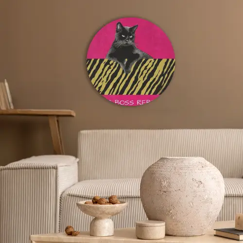 Kat - Baas - Roze - Tijgerprint Akoestische PET Vilt - Rond klein -sfeer1