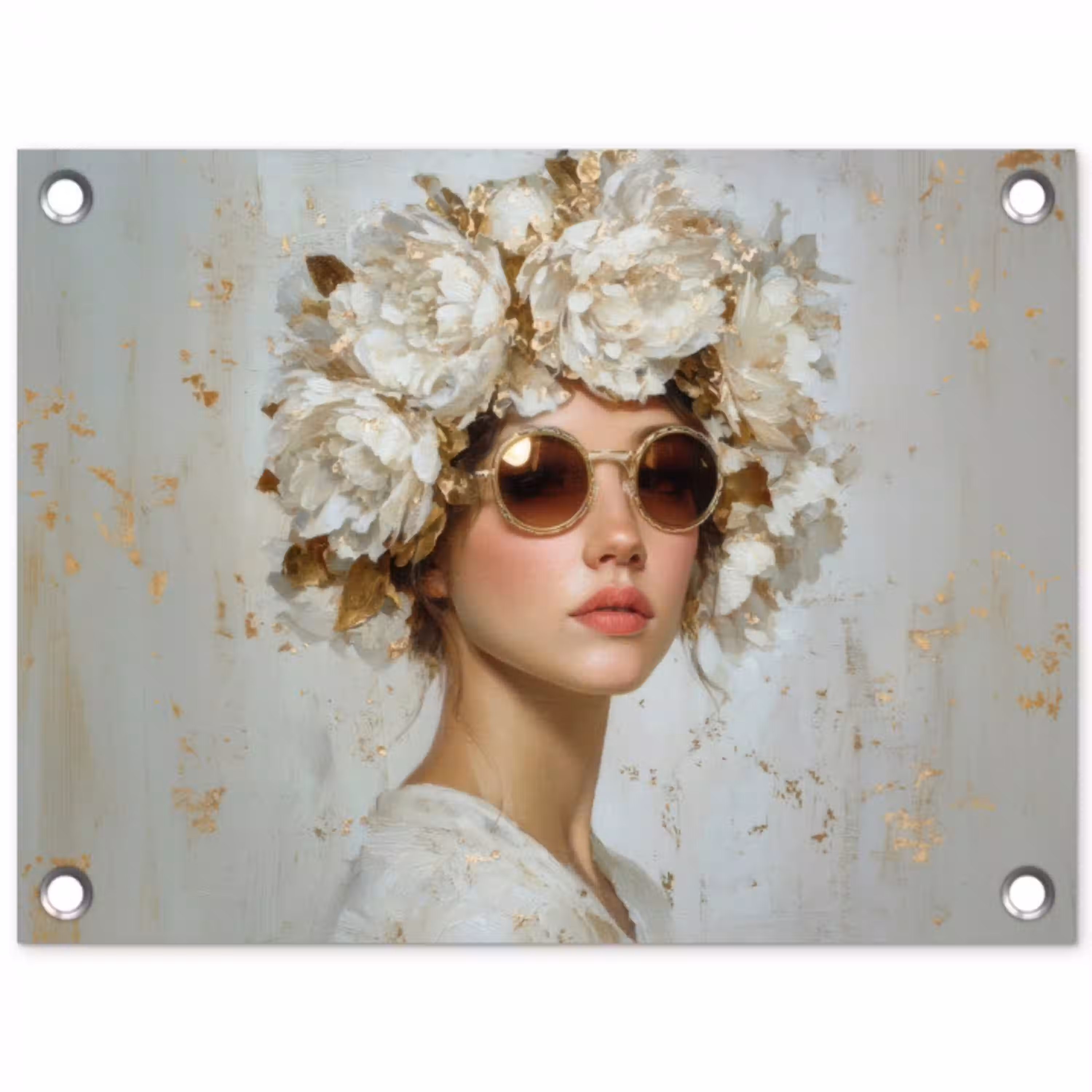 Schilderij - Vrouw - Zonnebril - Bloemenkrans tuinposter los doek klein -3d