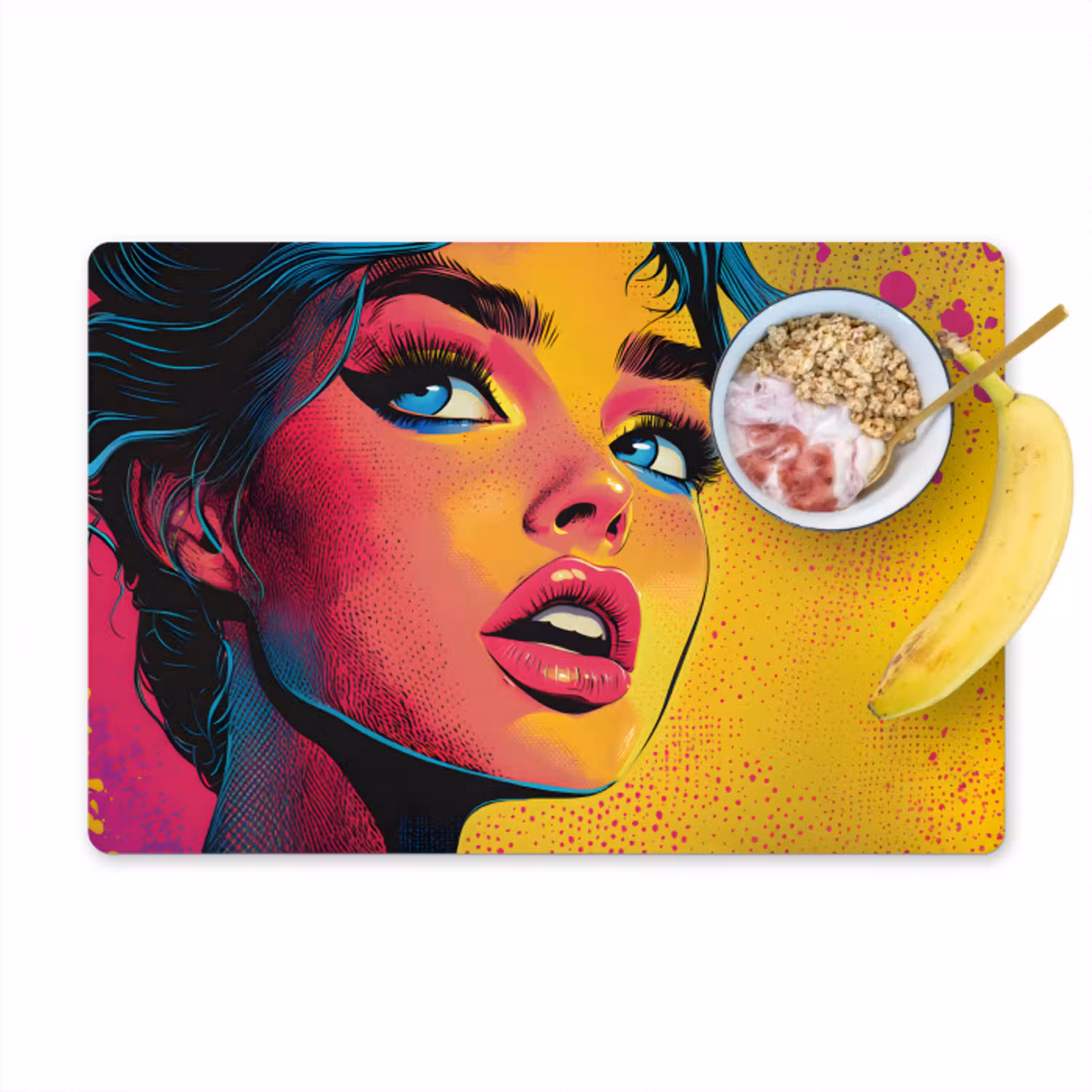 Close-up - Vrouwengezicht - Stippen - Geel Placemat vinyl groot -zzzproduct_Kitchenyeah-website