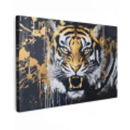 Tijger - Verfspatten - Goud Tuinposter op houten frame 2 cm dik klein -3d