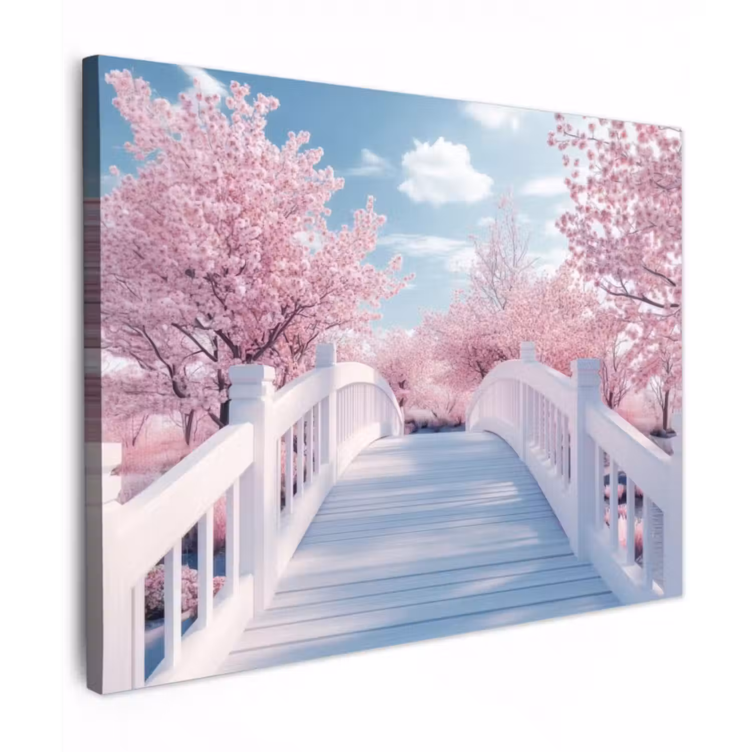 Leinwandbild - Brücke - Kirschbäume - Weiß