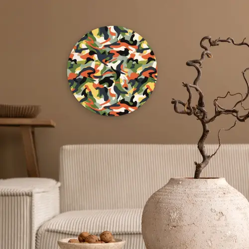 Kleurrijke - Camouflage - Organische - Vormen Wandcirkel plexiglas klein 852 -sfeer1