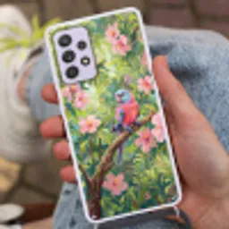 Papagaai - Hibiscusbloemen - Kleurrijk Hoesje Samsung Galaxy A52 5G met koord klein -sfeer3