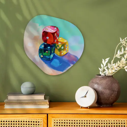 Dobbelstenen - Kleurrijk - Getallen - Stipjes Wandcirkel Organisch Forex 3mm klein -sfeer2