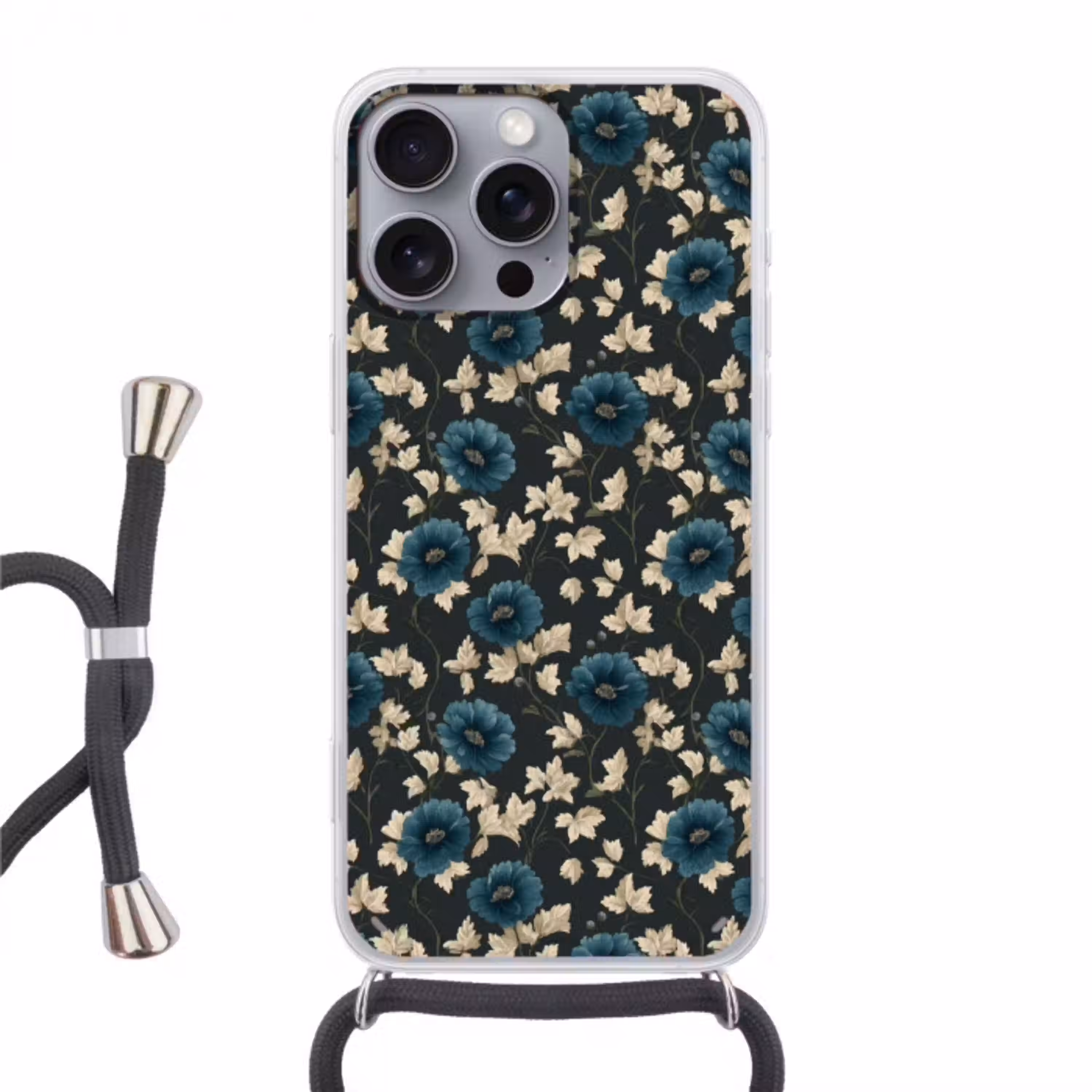 Botanisch - Bloemen - Blauw Hoesje iPhone 16 Pro Max met koord klein 804 -3d