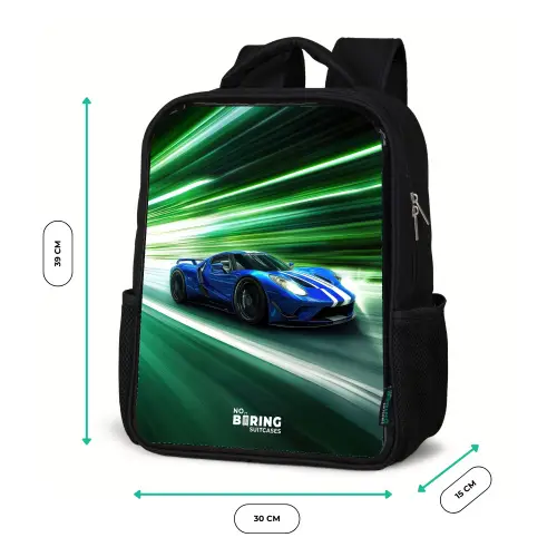 Blauwe raceauto met strepen in groene tunnel Rugzak - Zwart middel -productfoto_formaten