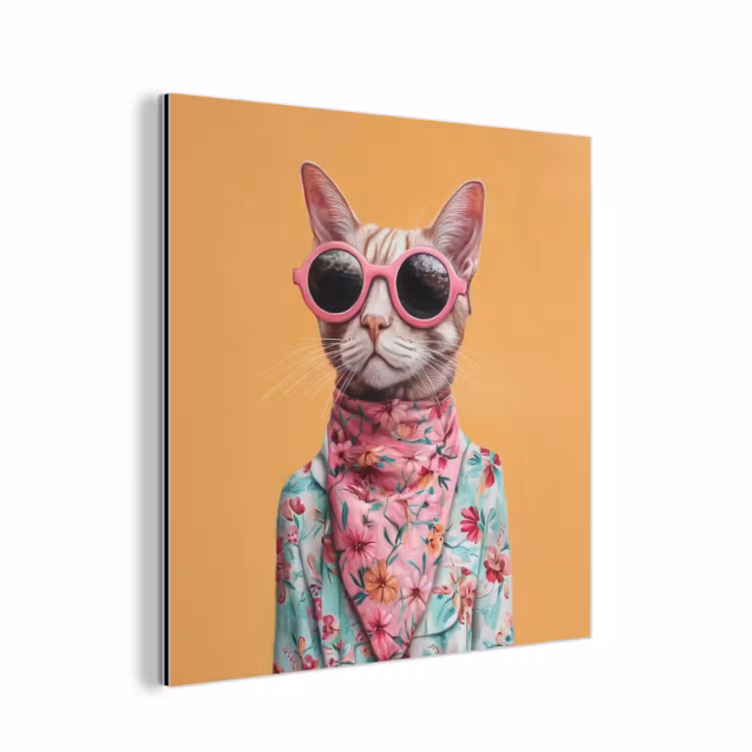 Aluminium schilderij - Zonnebril - Kat - Sjaal - Bloemen