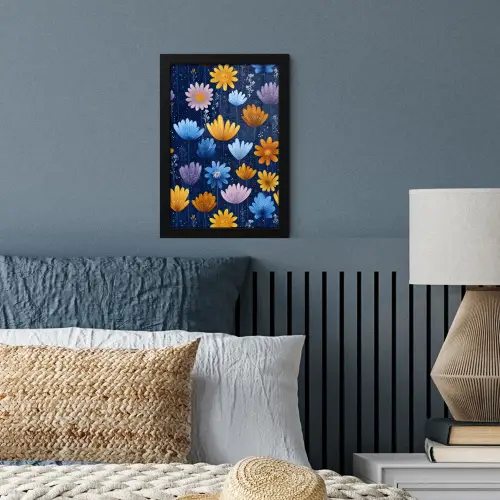 Bloemen - Patroon - Blauw - Contrast fotolijst zwart zonder passe partout klein -sfeer3