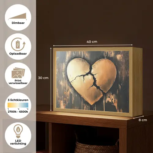 Gebroken hart - Goud - Houtlook - Liefde Light Box met batterij (Wandlamp) middel -USP_websiteoverzichtNL