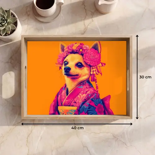 Kimono - Hondje - Bloemenkroon - Oranje Dienblad Rechthoek middel -USP_Formaat
