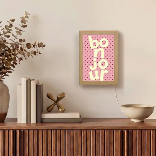 Bonjour - Stippen - Roze- Geel Light Box met kabel (Tafellamp) klein -sfeer2