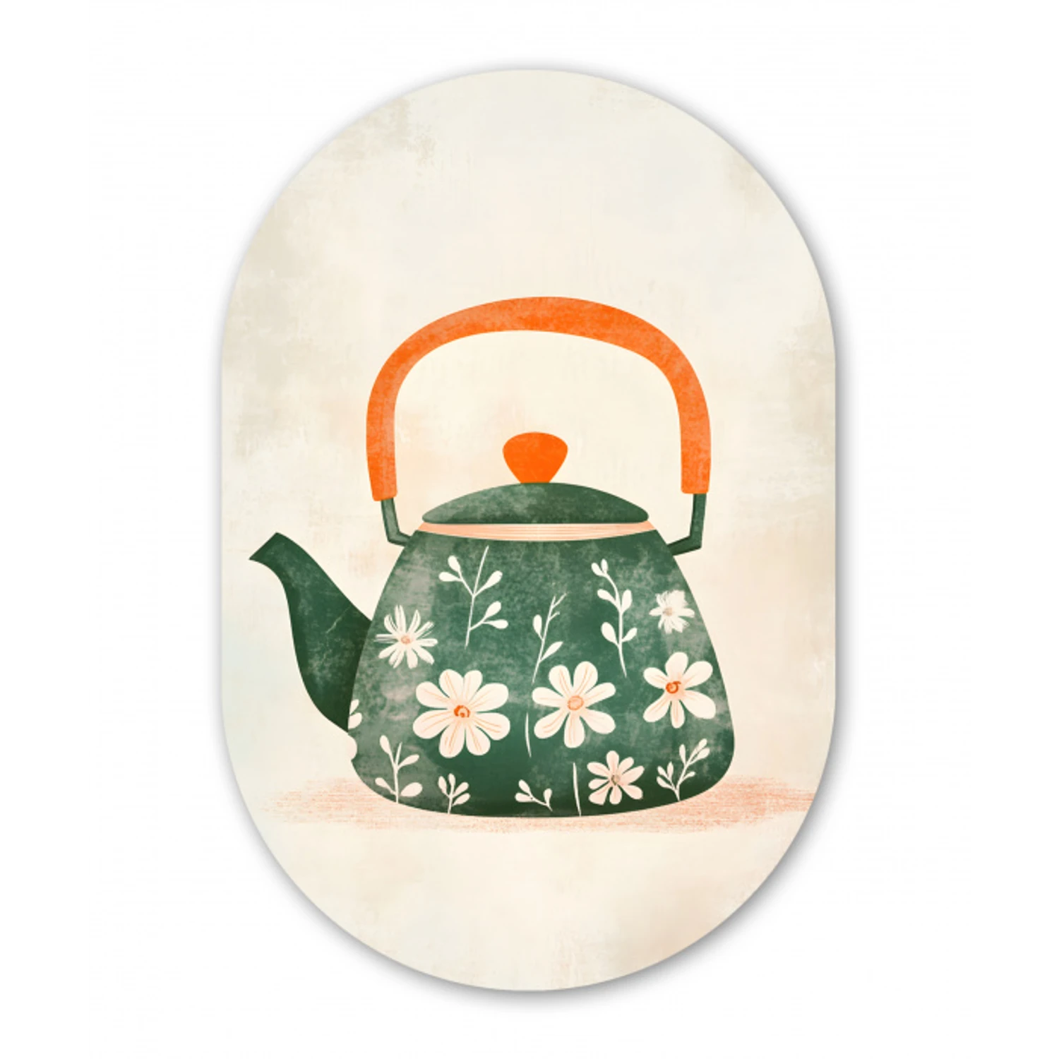 Theepot - Groen - Bloemen - Oranje Wandcirkel Ovaal Glas middel -3d