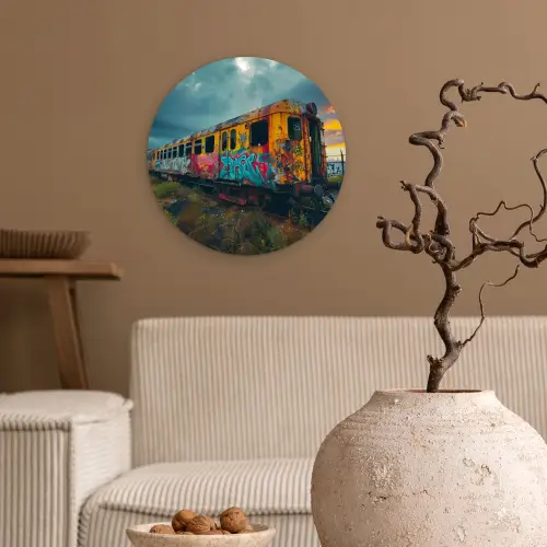 Graffiti - Trein - Street art - Verlaten Wandcirkel kunststof plaat 5mm dik klein -sfeer1