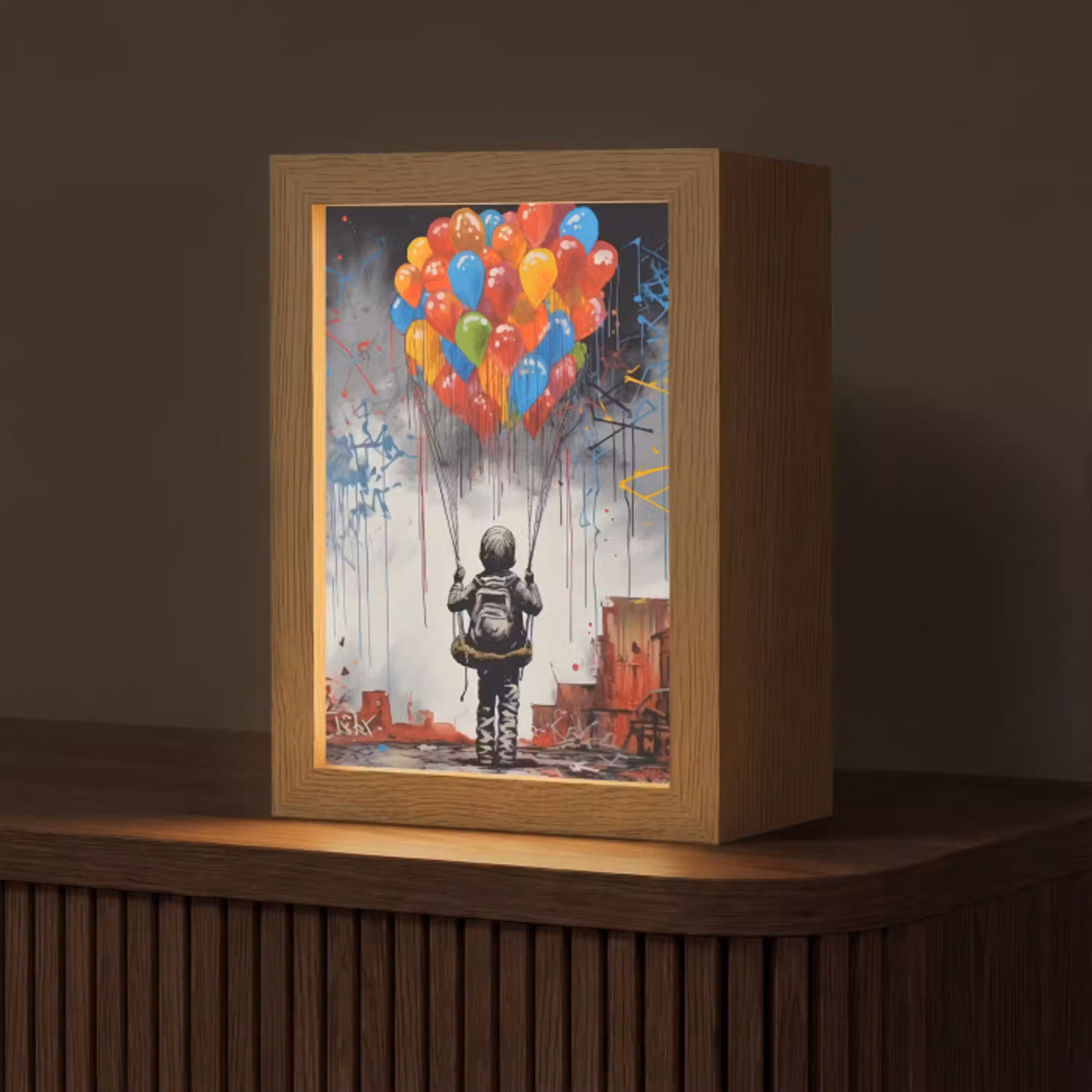Jongen - Ballonnen - Gebouwen - Kunst Light Box met kabel (Tafellamp) klein -z3d_website