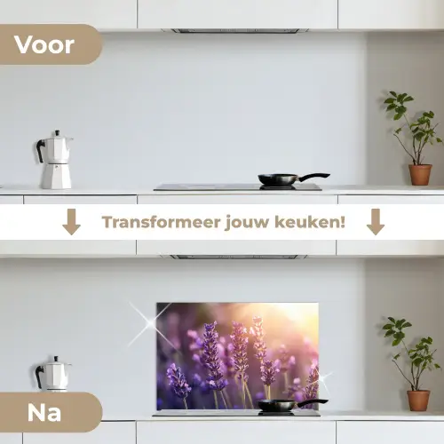 Lavendelbloemen - Paars - Zonlicht keuken achterwand spatscherm klein -voor_na_NL
