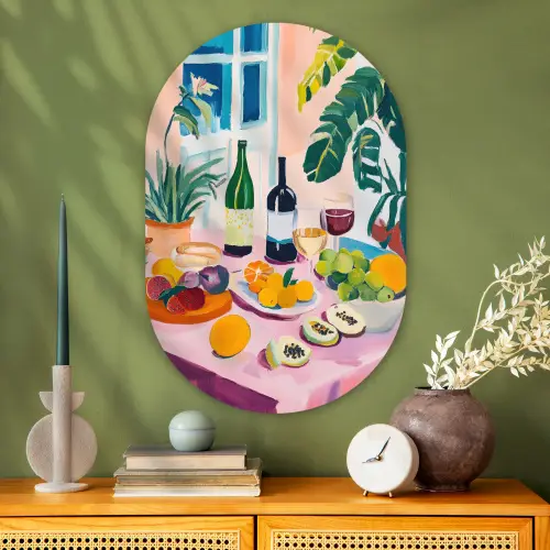 Tafel - Wijn - Fruit Wandcirkel Ovaal Glas middel -sfeer2