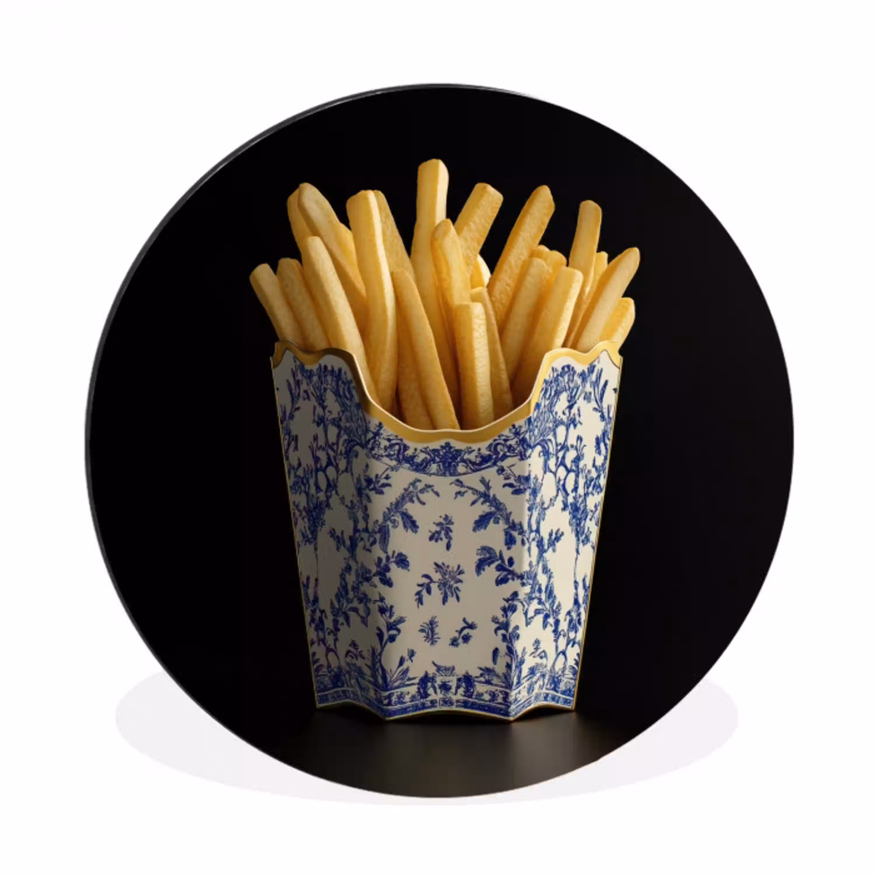 Friet - Porselein - Delfts blauw - Eten Wandcirkel aluminium klein -3d