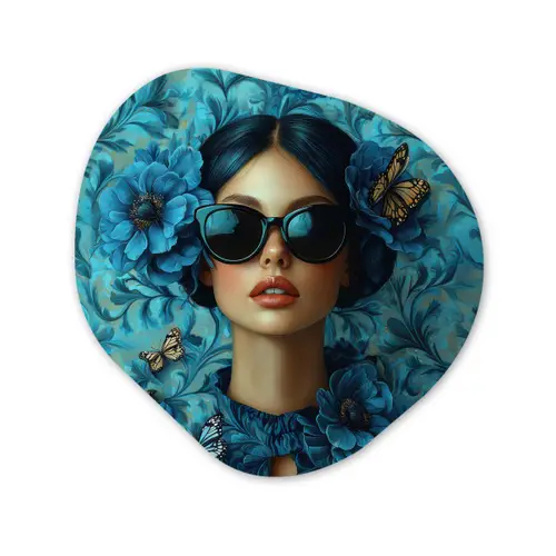 Vrouw - Bloemen - Vlinders - Blauw - Abstract Wandcirkel Organisch Forex 3mm klein -3d