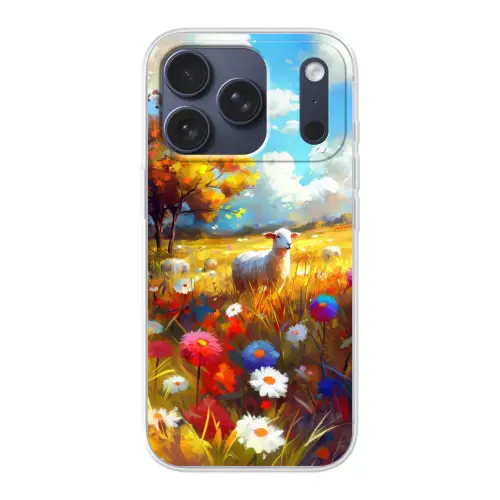 Schaap - Weide - Bloemen Telefoonhoesje iPhone 17 Pro klein -3d