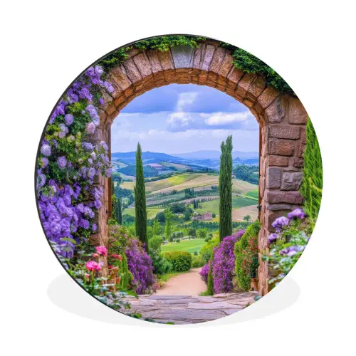 Doorkijk - Toscane - Landschap - Poort Wandcirkel aluminium klein -3d