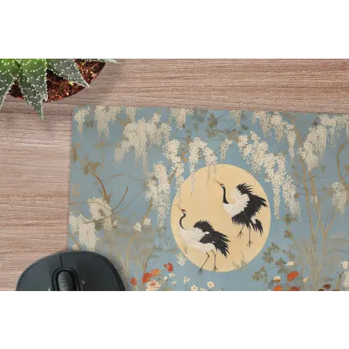 Kraanvogels - Maan - Bloemen - Blauw muismat rubber klein -closeup