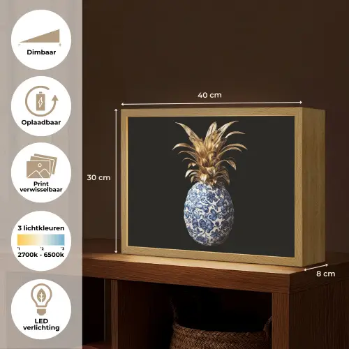 Ananas - Bloemen patroon - Goud - Delftsblauw Light Box met batterij (Wandlamp) middel -USP_websiteoverzichtNL